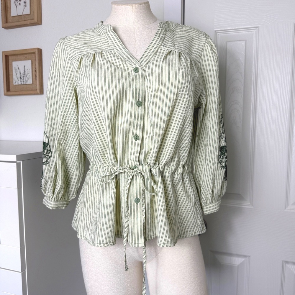 Figueroa & Flower Green Striped Embroidered Peplum Blouse Boho chic size Small